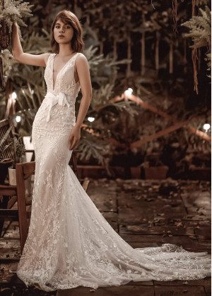 Mermaid Beaded Ivory Lace Tulle Wedding Dress With Nude Lining